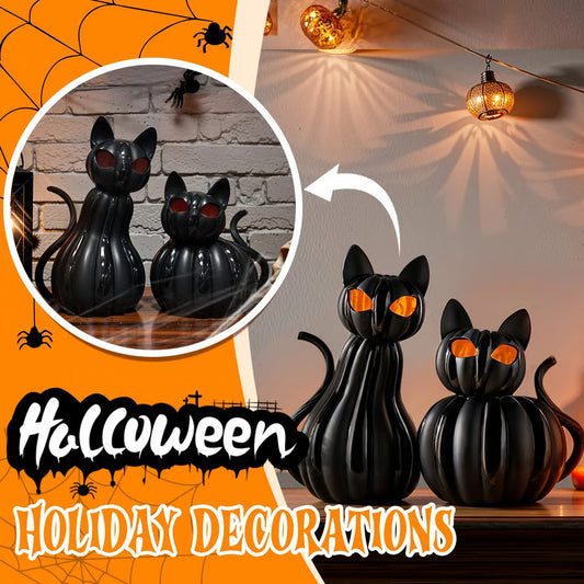 2pcs Light-Up Black Pumkin Cat Statue Halloween Decorations